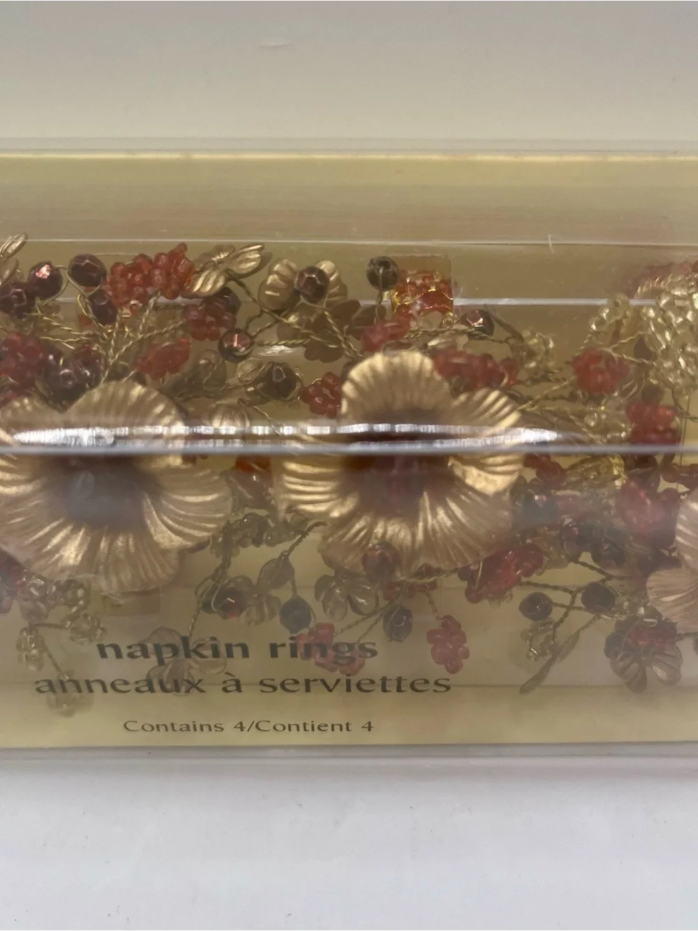 Pier 1 Imports Napkin Rings Gold Metal Floral Red Beads